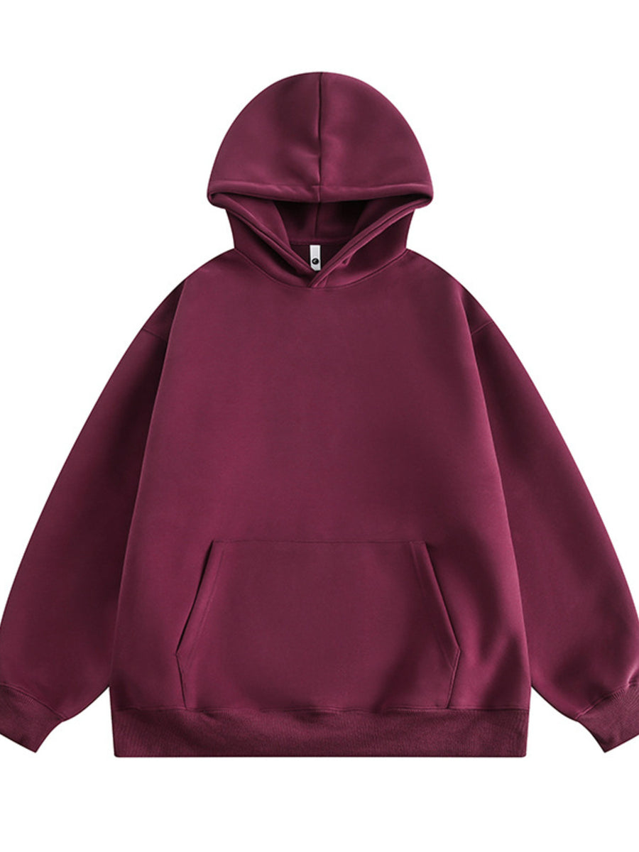 Maroon hooded sweatshirt with front pocket and long sleeves
