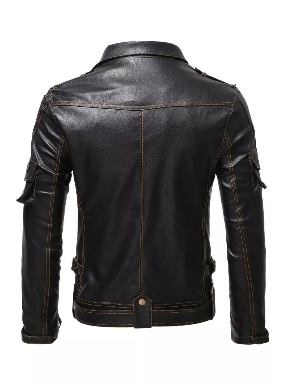 Black faux leather motorcycle jacket with brass hardware, adjustable side tabs, and cargo pockets.