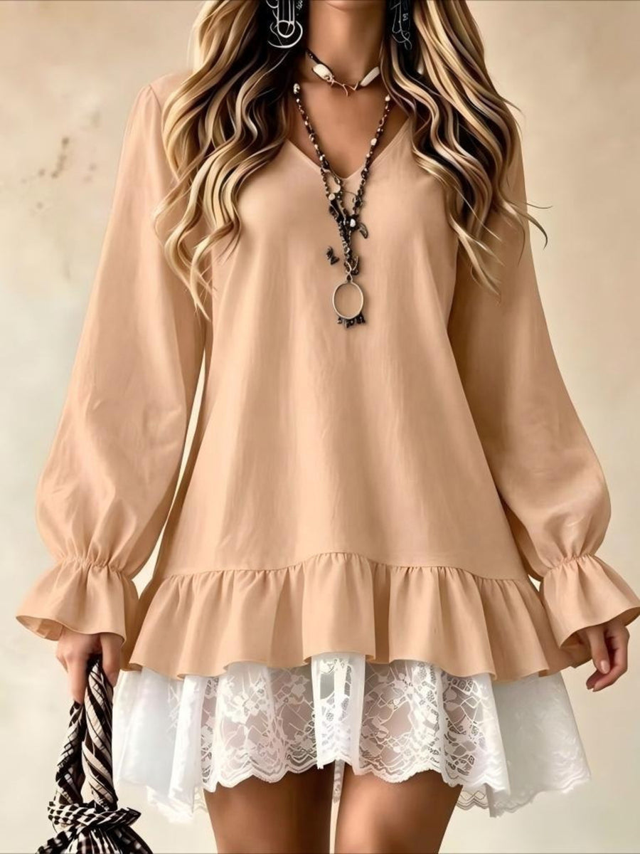 romantic mini dress in Burgundy with v-neck