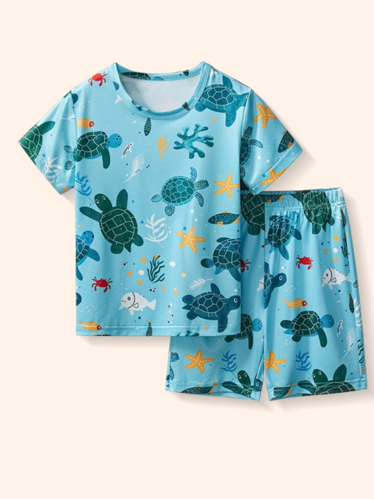 Toddler blue sea creature print t-shirt and shorts set with turtles, fish, and starfish.