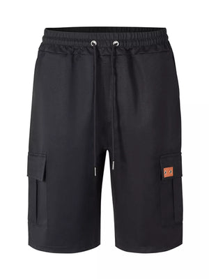 Black cargo shorts with elastic waistband, drawstring, and dual cargo pockets with a faux leather patch.