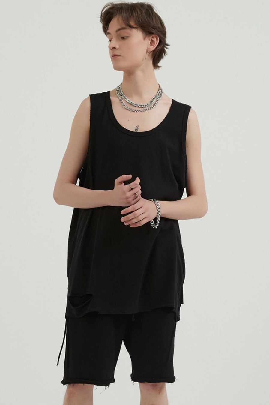 Black ripped tank top with scoop neck