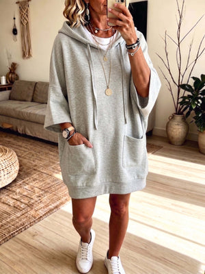 100% polyester Care instructions: Machine wash cold hoodie dress in Khaki Color with loose silhouette