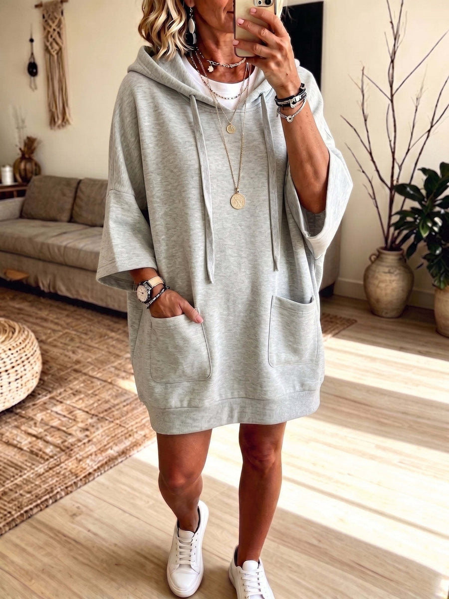 100% polyester Care instructions: Machine wash cold hoodie dress in Khaki Color with loose silhouette