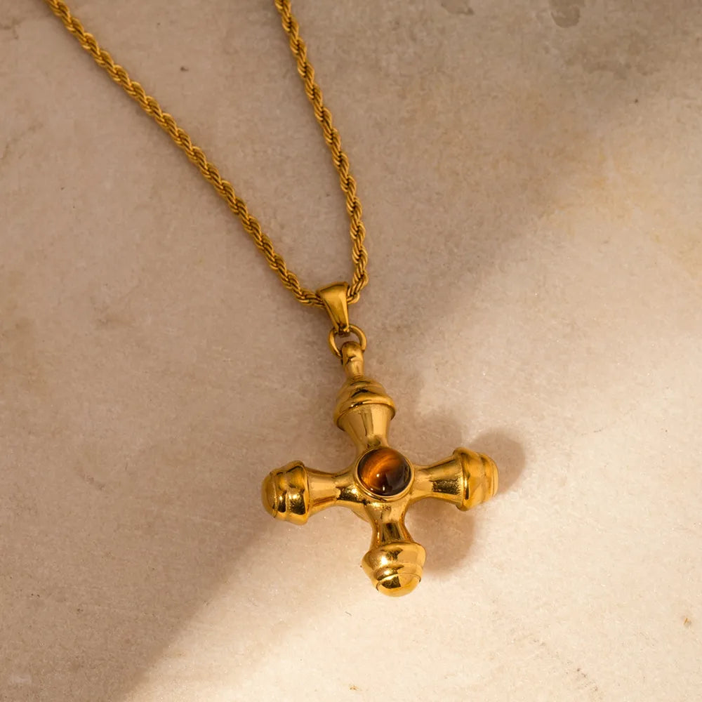 Gold Byzantine cross pendant necklace with tiger's eye gemstone