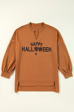 Caramel Halloween graphic slit hem sweatshirt with V-neck and balloon sleeves.