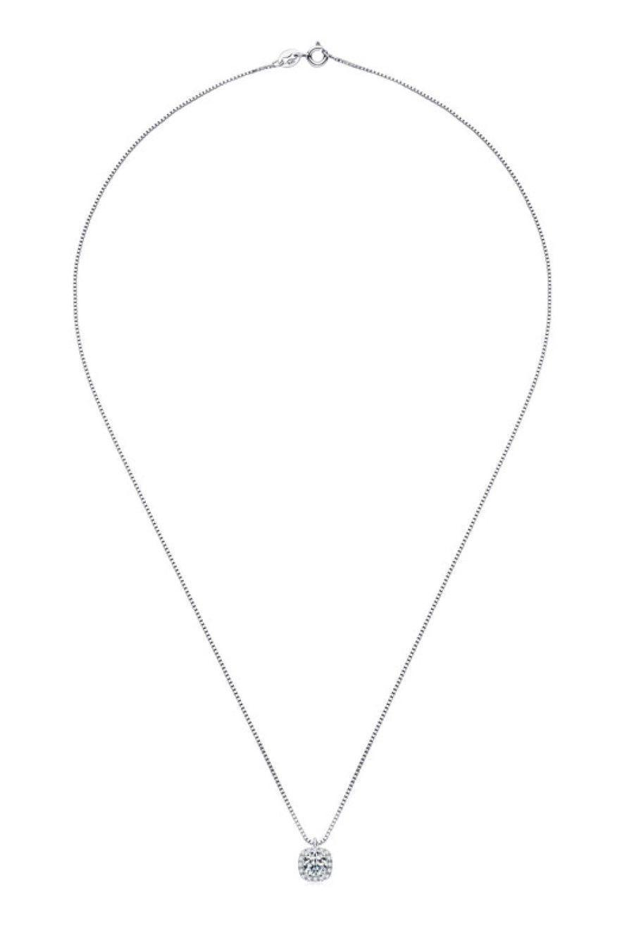 Silver halo diamond pendant necklace with a delicate box chain.