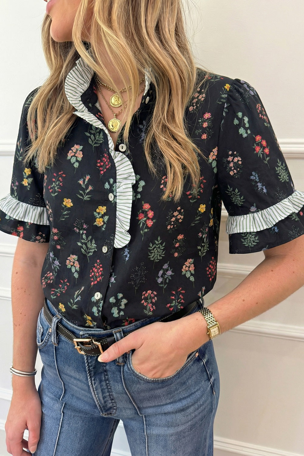 Black floral cotton button-down shirt with ruffled striped collar and sleeves