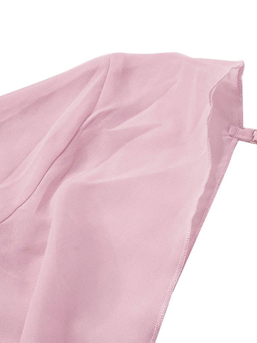 Pink chiffon mini dress with draped detail and adjustable strap.