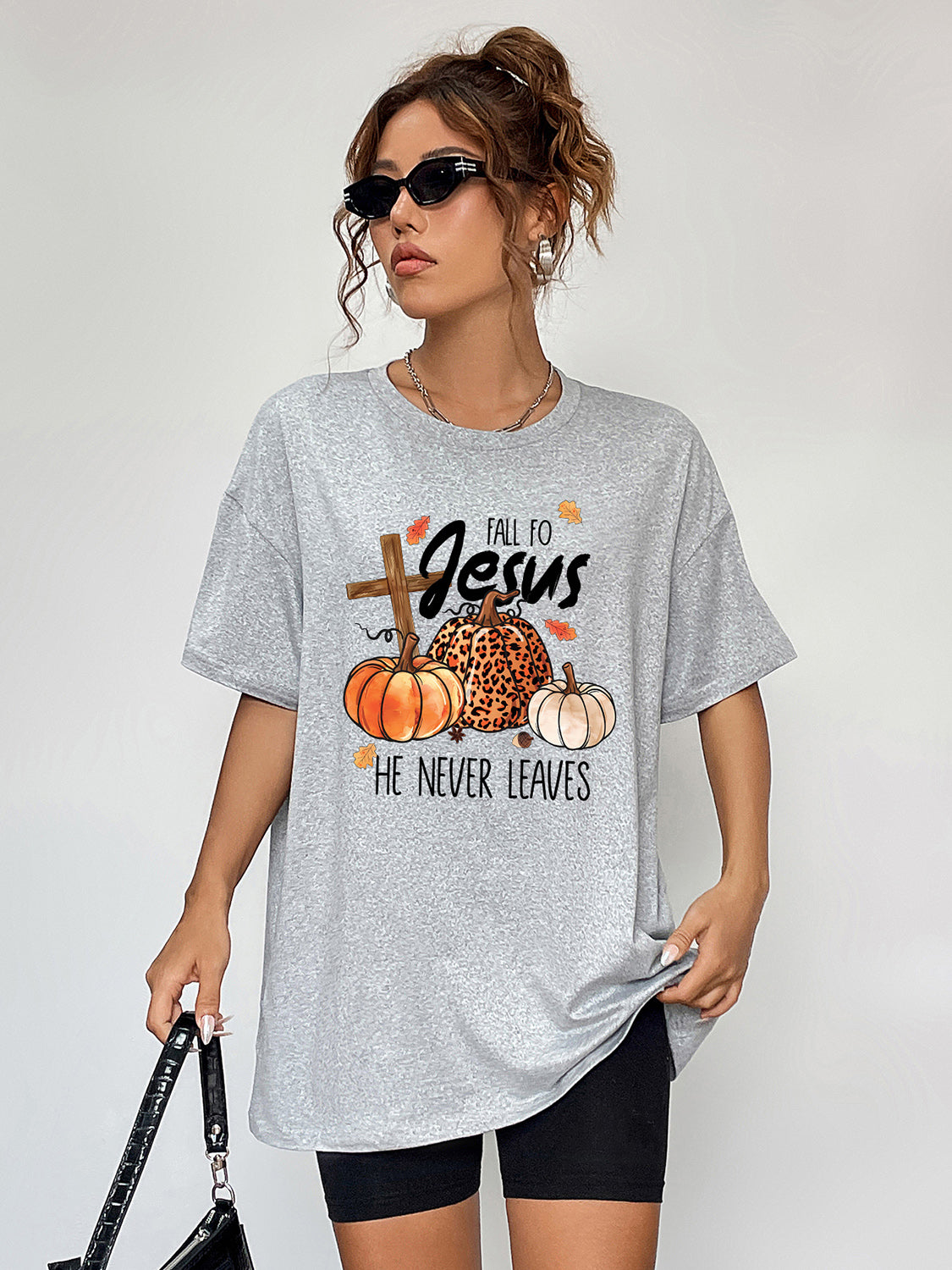 Oversized graphic tee in grey with fall Jesus pumpkins and leaves motif.