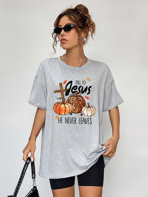 Oversized graphic tee in grey with fall Jesus pumpkins and leaves motif.