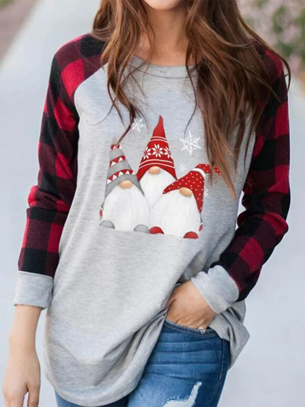 Light Gray raglan tee with gnome graphic and red plaid sleeves.
