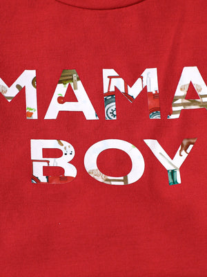 Deep Red cotton blend graphic tee with "Mama's Boy" text featuring farm scene cutouts.