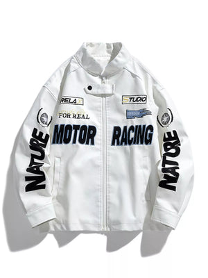 Oversized ivory leather racing jacket with "Motor Racing" graphic and "Nature" sleeve detail.