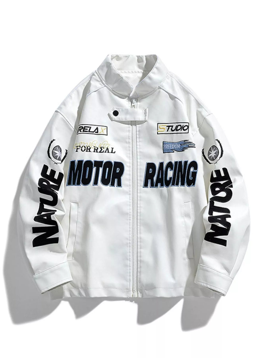 Oversized ivory leather racing jacket with "Motor Racing" graphic and "Nature" sleeve detail.
