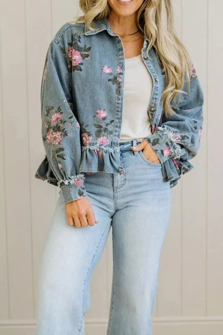 Floral Print Denim Jacket With Ruffled Hem option 4