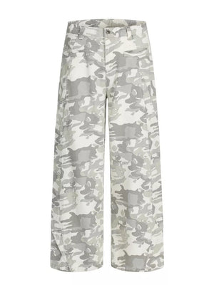 Camouflage wide-leg cargo pants with button fly and belt loops.