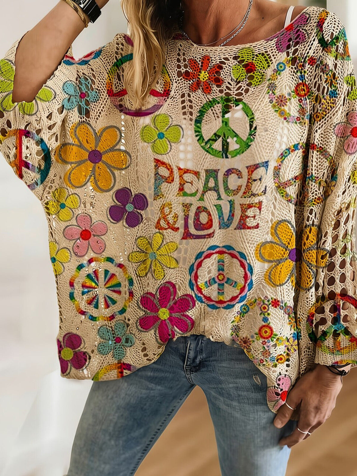 beige pullover sweater with graphic-print and round neck
