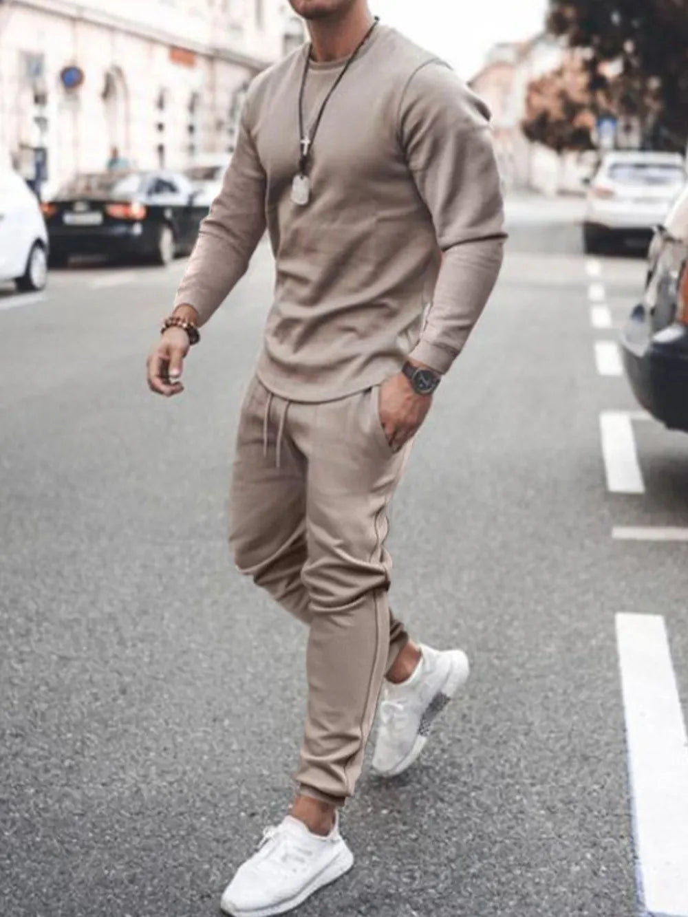 Men's mocha textured loungewear set with crew neck sweatshirt and drawstring joggers.