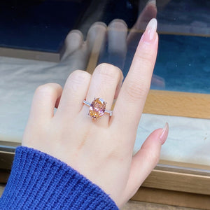 Prong-Set 925 Sterling Silver Zircon Oval Ring in Watermelon pink with oval cut stone