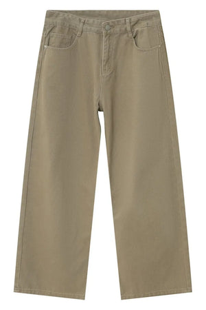 Khaki wide-leg denim jeans with a relaxed fit and front pockets.