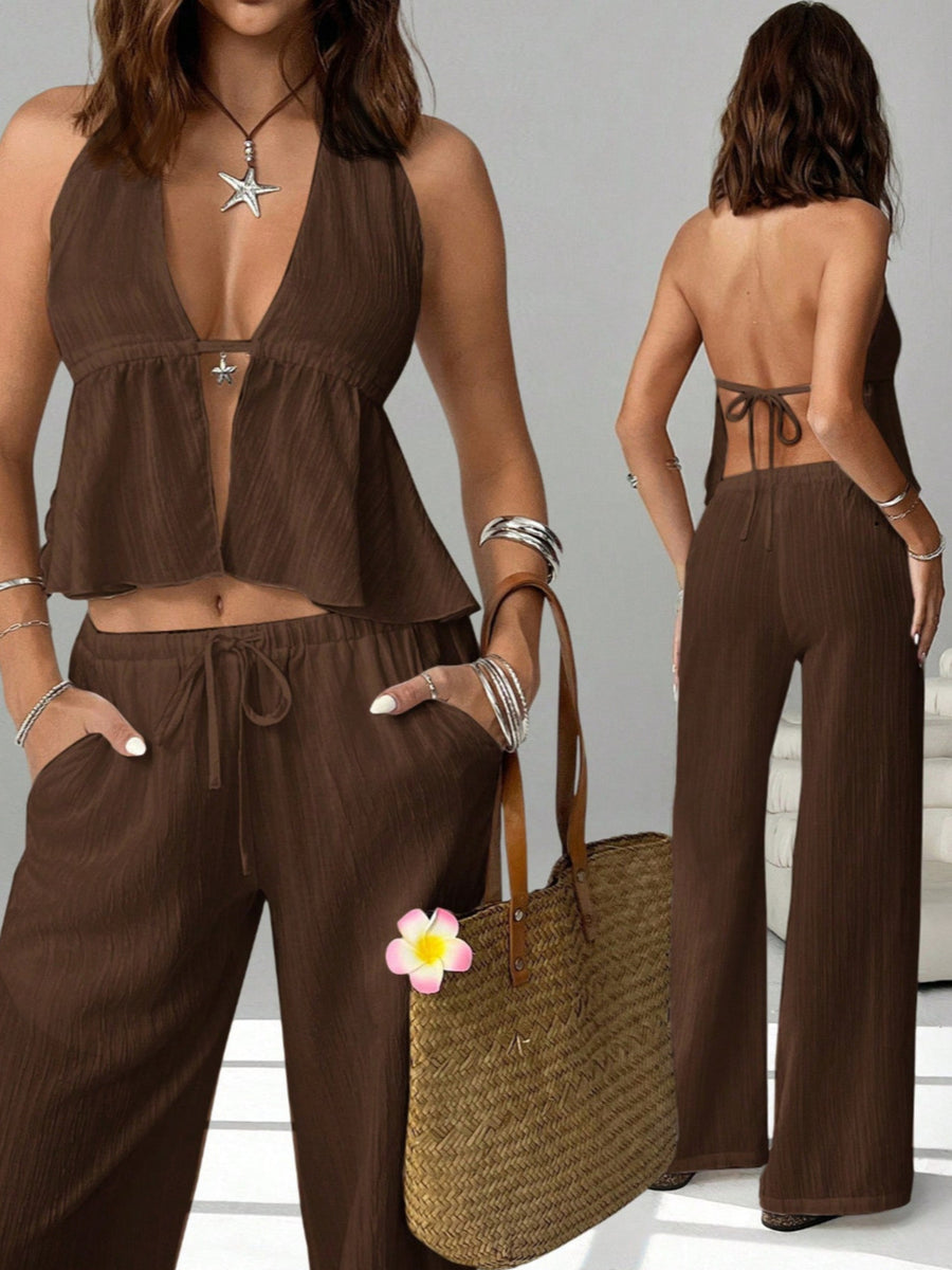 Brown halter neck cami and relaxed drawstring pants set with a deep V-neck and tie back.