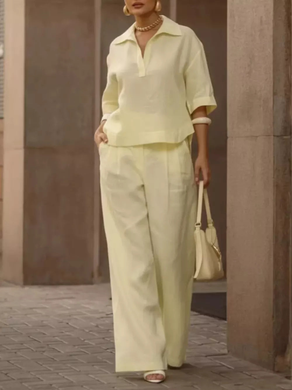white relaxed matching set with collared v-neck