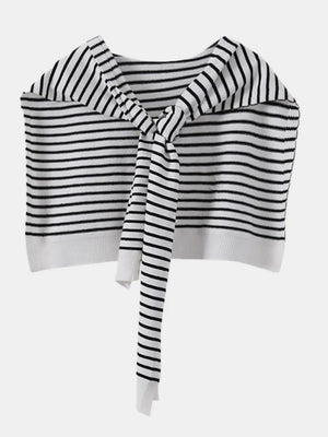 White and black striped acrylic sweater with tie-front detail