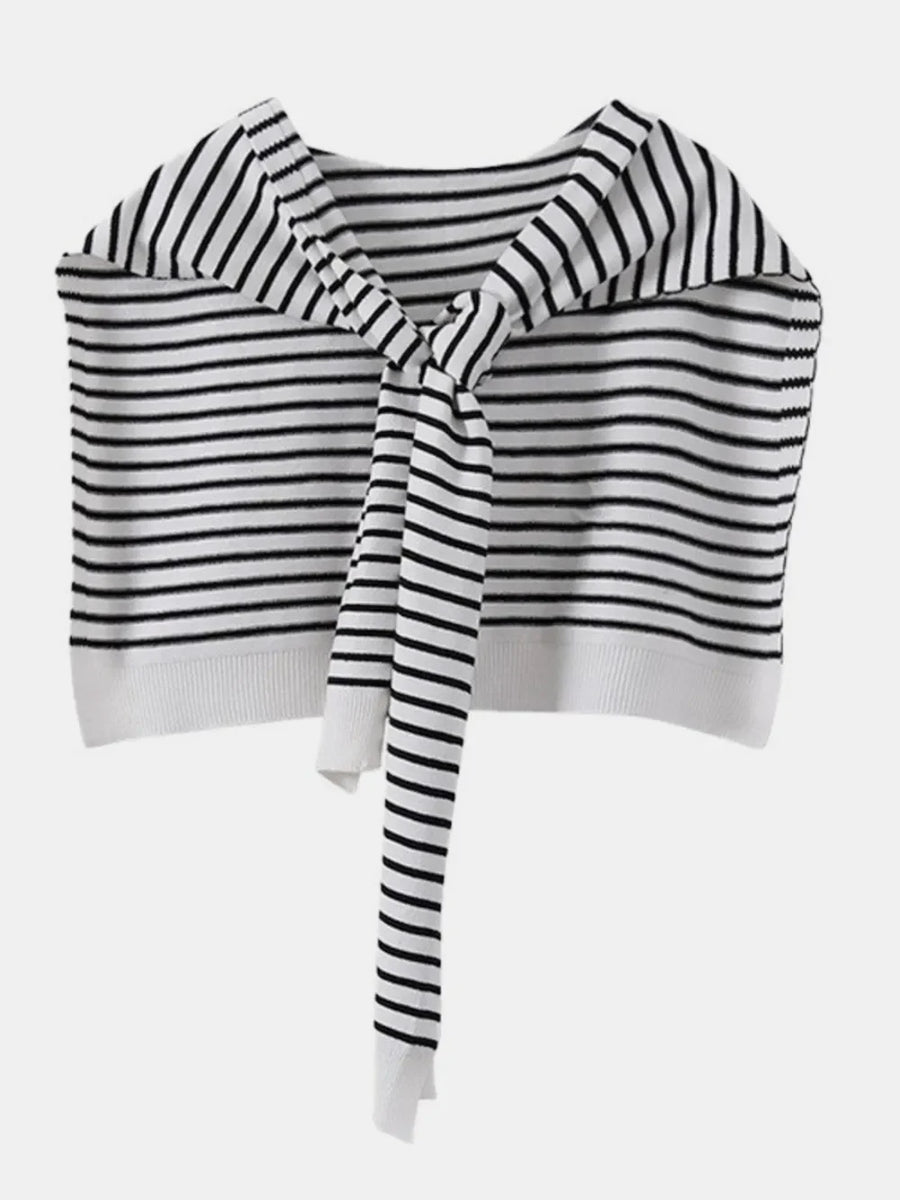 White and black striped acrylic sweater with tie-front detail