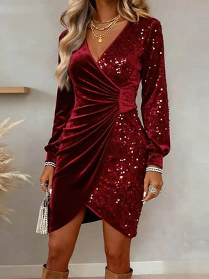 Black with Velvet Sequin Long Sleeve Wrap Dress