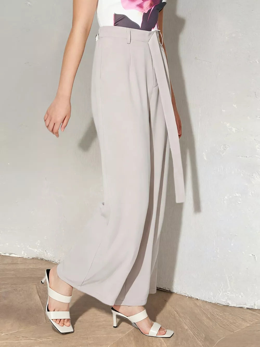 Maternity wide leg pants in light gray with a self-tie belt and high waist.