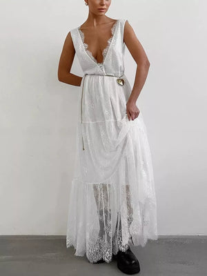 maxi dress in black with deep v-neck and sleeveless