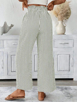 Maternity pants with paper bag waist and green and white stripes, wide leg