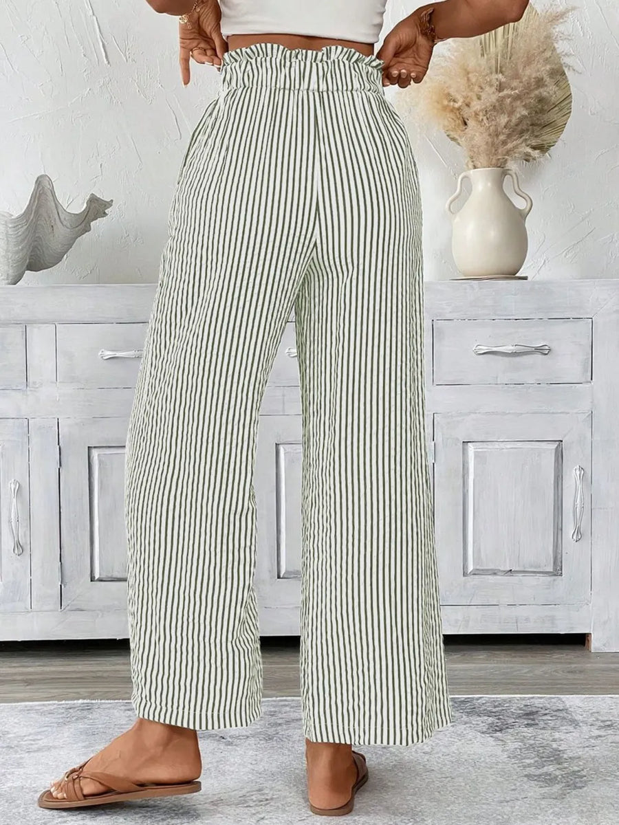 Maternity pants with paper bag waist and green and white stripes, wide leg