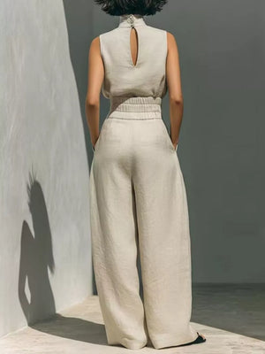 Olive Green Sleeveless Wide-leg Jumpsuit With Smocked Waist