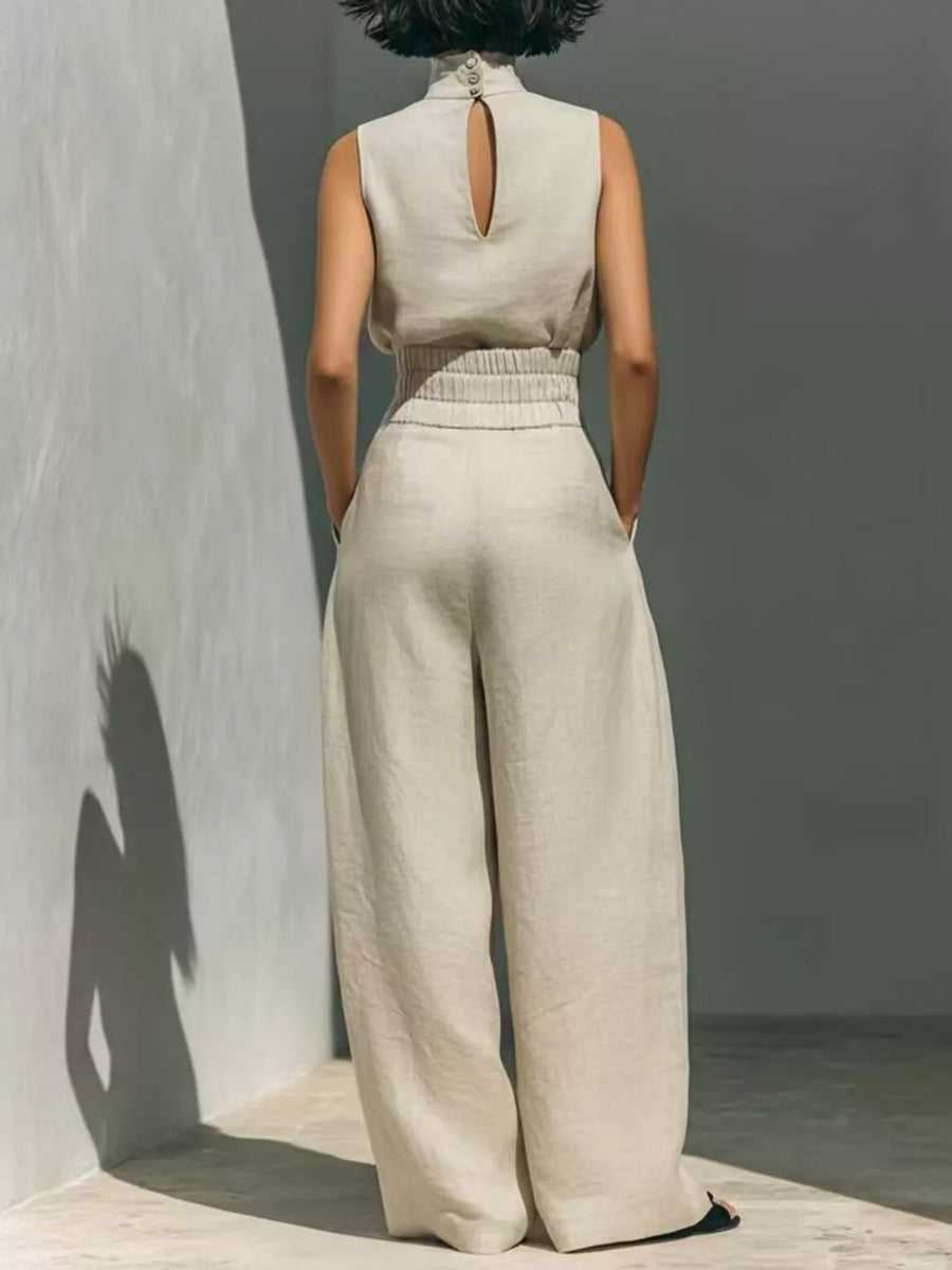 Olive Green Sleeveless Wide-leg Jumpsuit With Smocked Waist