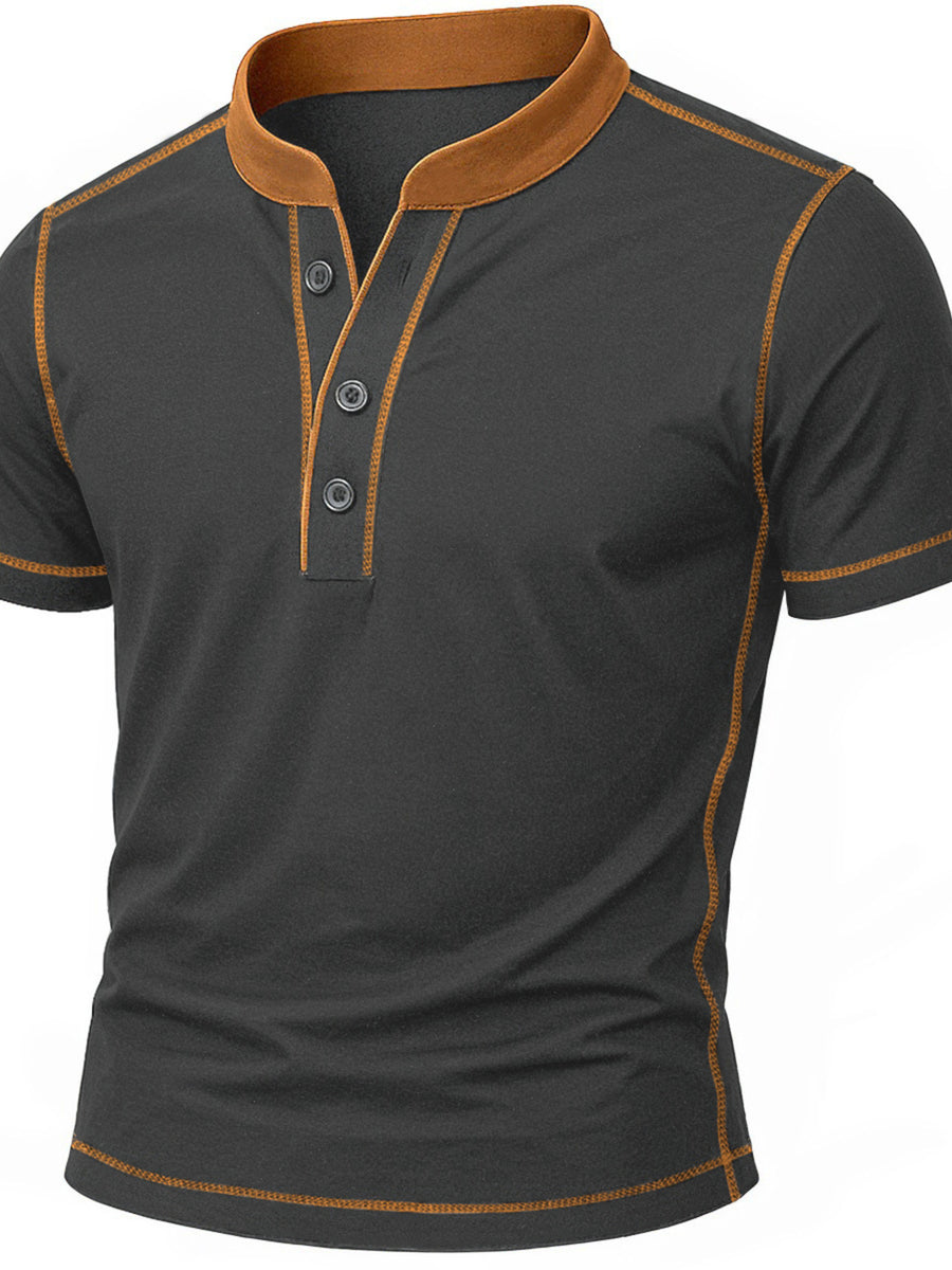 Dark gray men's casual t-shirt with button placket and contrast stitching