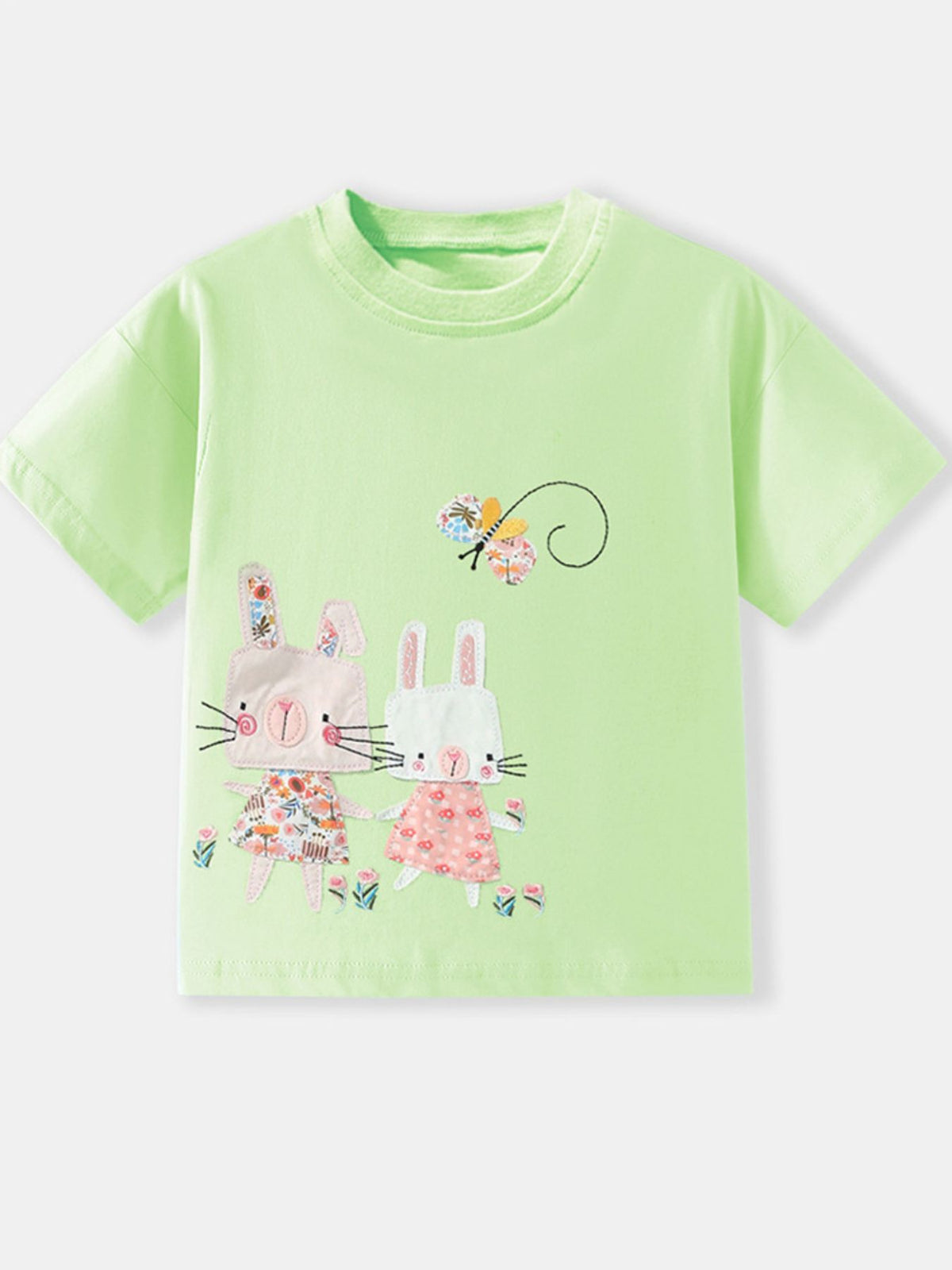 Toddler green short sleeve tee with appliqued bunnies and butterfly detail