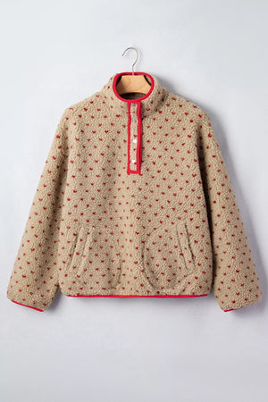 Camel with Heart Pattern Fleece Colorblock Collar Sweatshirt in Camel