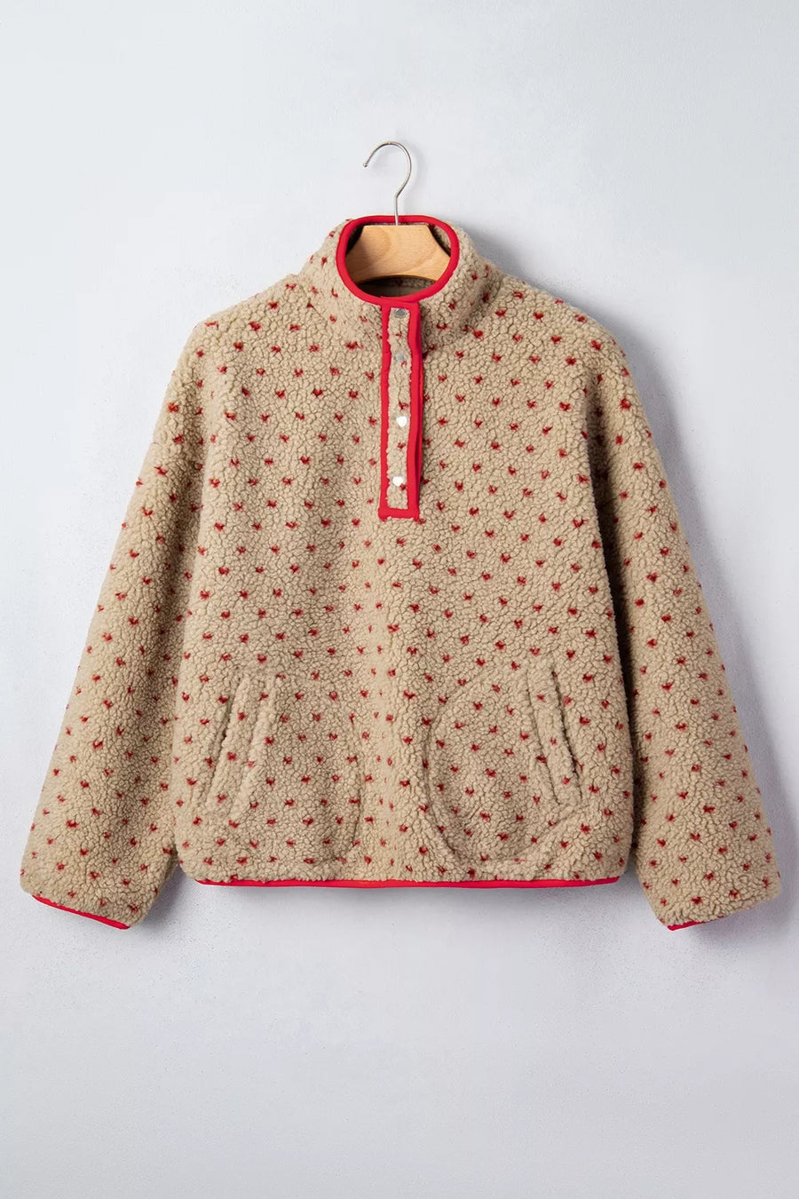Camel with Heart Pattern Fleece Colorblock Collar Sweatshirt in Camel