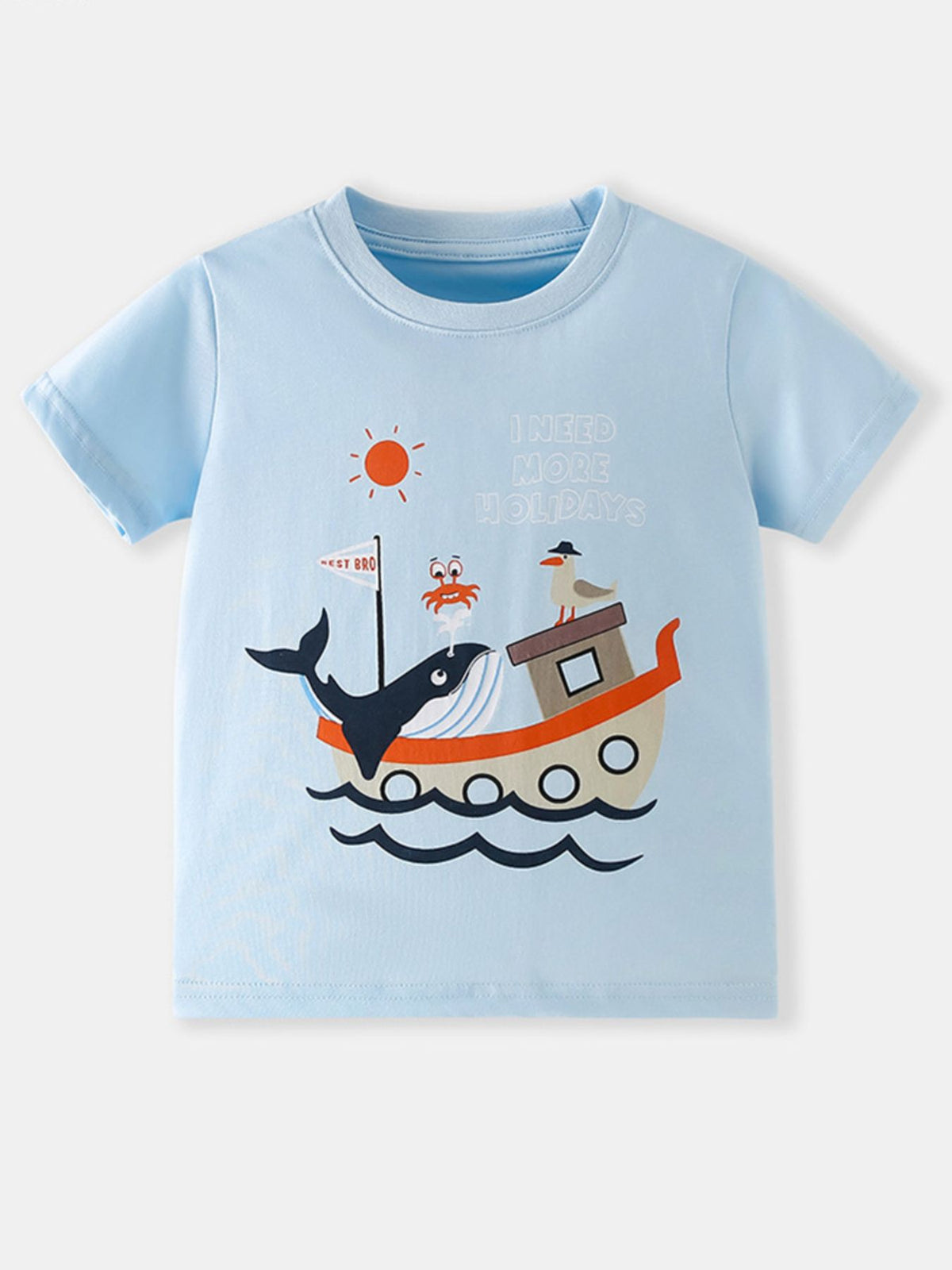 Light blue cotton t-shirt with a whimsical sea adventure graphic featuring a boat, whale, crab, and seagull.