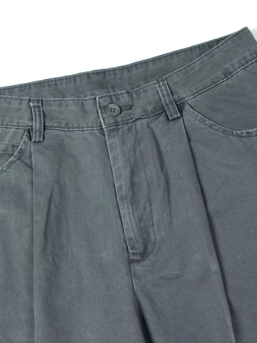 Grey cotton sweatpants with button closure and belt loops.