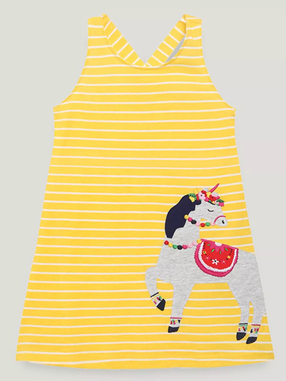 Yellow striped cotton blend toddler dress with a whimsical unicorn applique and criss-cross back.