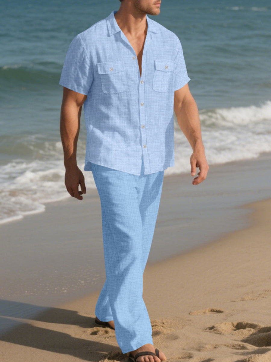 Men's Casual Button-up Shirt And Pants Set Plus Size in Light Blue