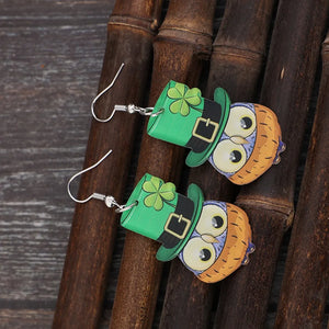 Lucky Owl acrylic dangle earrings with green leprechaun hats and shamrocks.