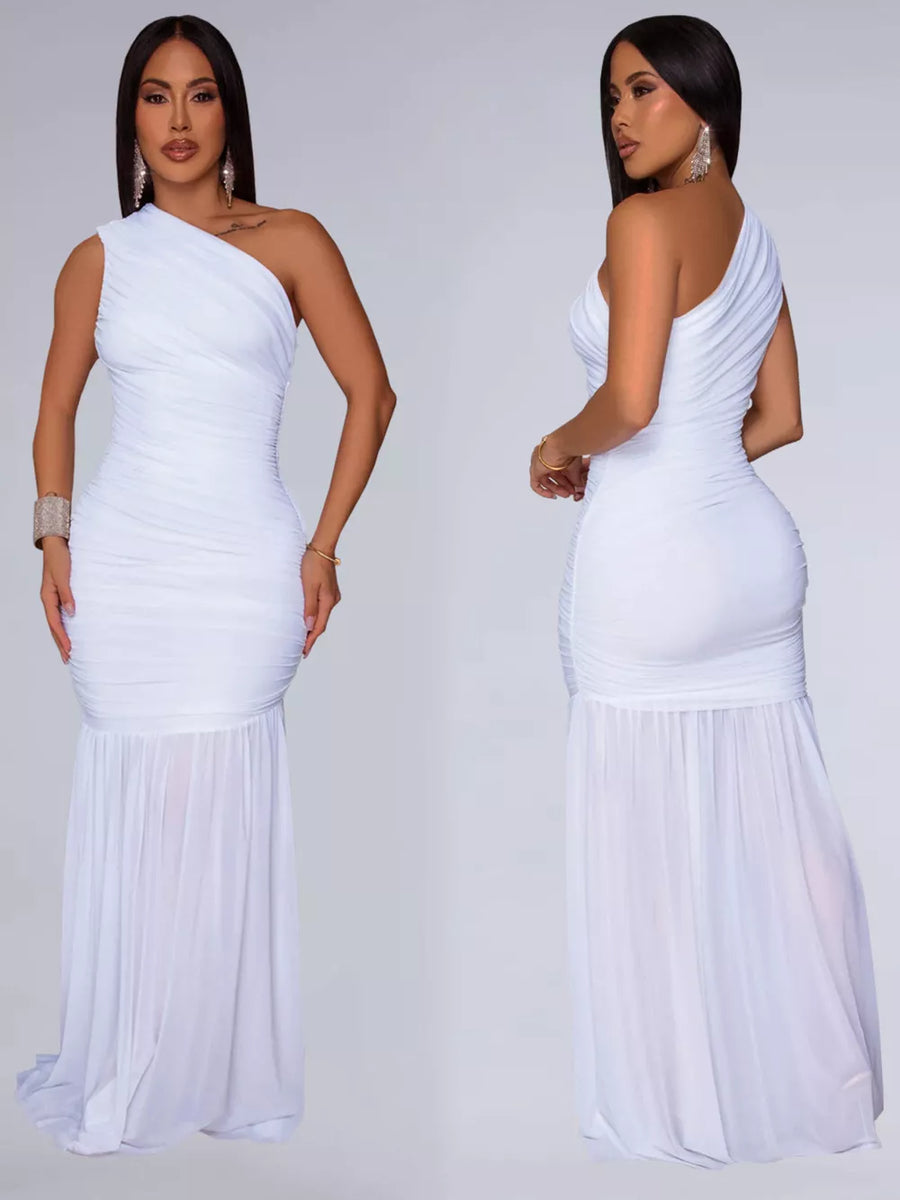 White ruched one-shoulder bodycon maxi dress with sheer flowing skirt.