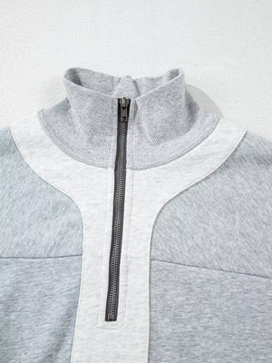 Light Gray with Half Zipper Collared Drop Shoulder Sweatshirt in Light Gray
