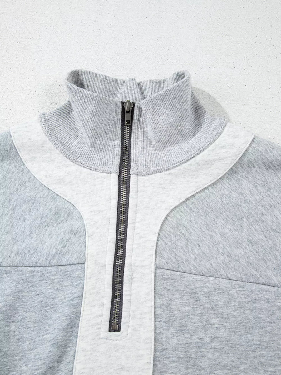 Light Gray with Half Zipper Collared Drop Shoulder Sweatshirt in Light Gray