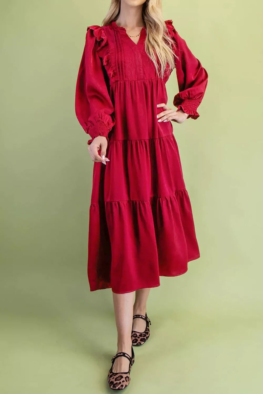Solid Color Ruffle Trim Tiered Midi Dress option 3