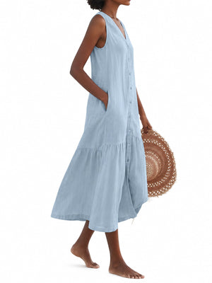 Full Size V-Neck Button Front Sleeveless Midi Dress in Light Green with pocketed